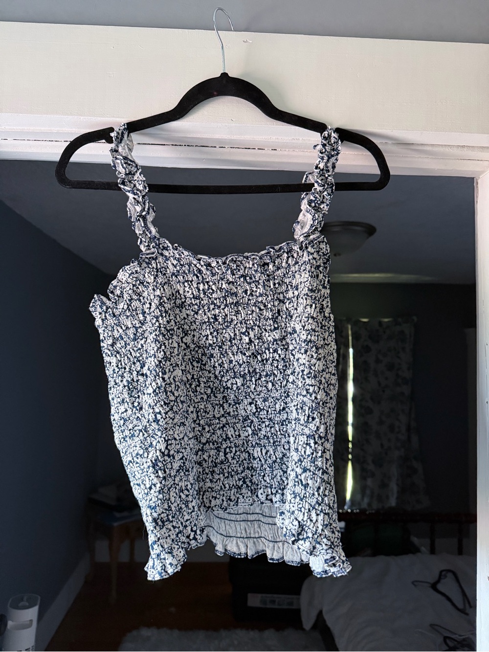 Old Navy Navy and White Smocked Floral Camisole